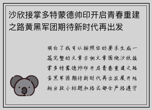沙欣接掌多特蒙德帅印开启青春重建之路黄黑军团期待新时代再出发