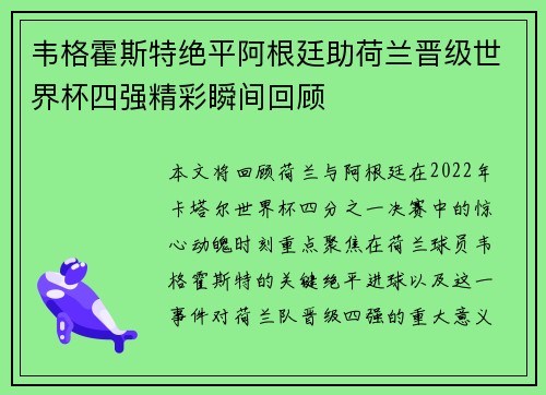 韦格霍斯特绝平阿根廷助荷兰晋级世界杯四强精彩瞬间回顾